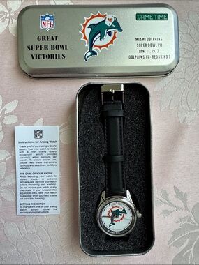 Men's Black Leather Strap Team Logo Watch - Miami Dolphins